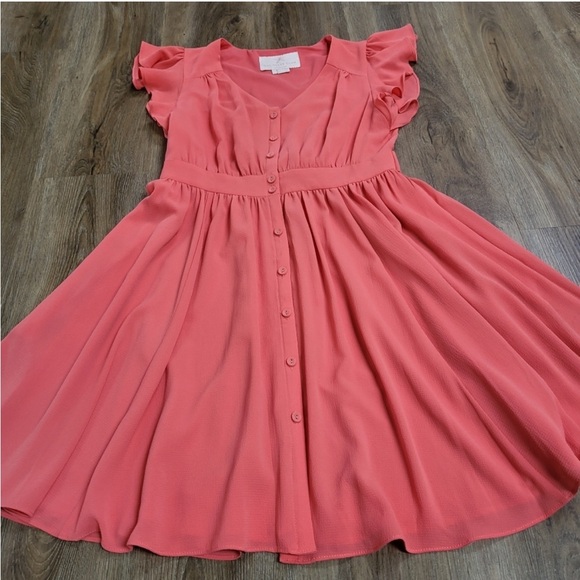 Gal Meets Glam Coral Front Button Flutter Sleeve Dress Size 6 V-neck Event Party - Picture 3 of 5